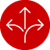 White arrows pointing in three directions on a red circular background.